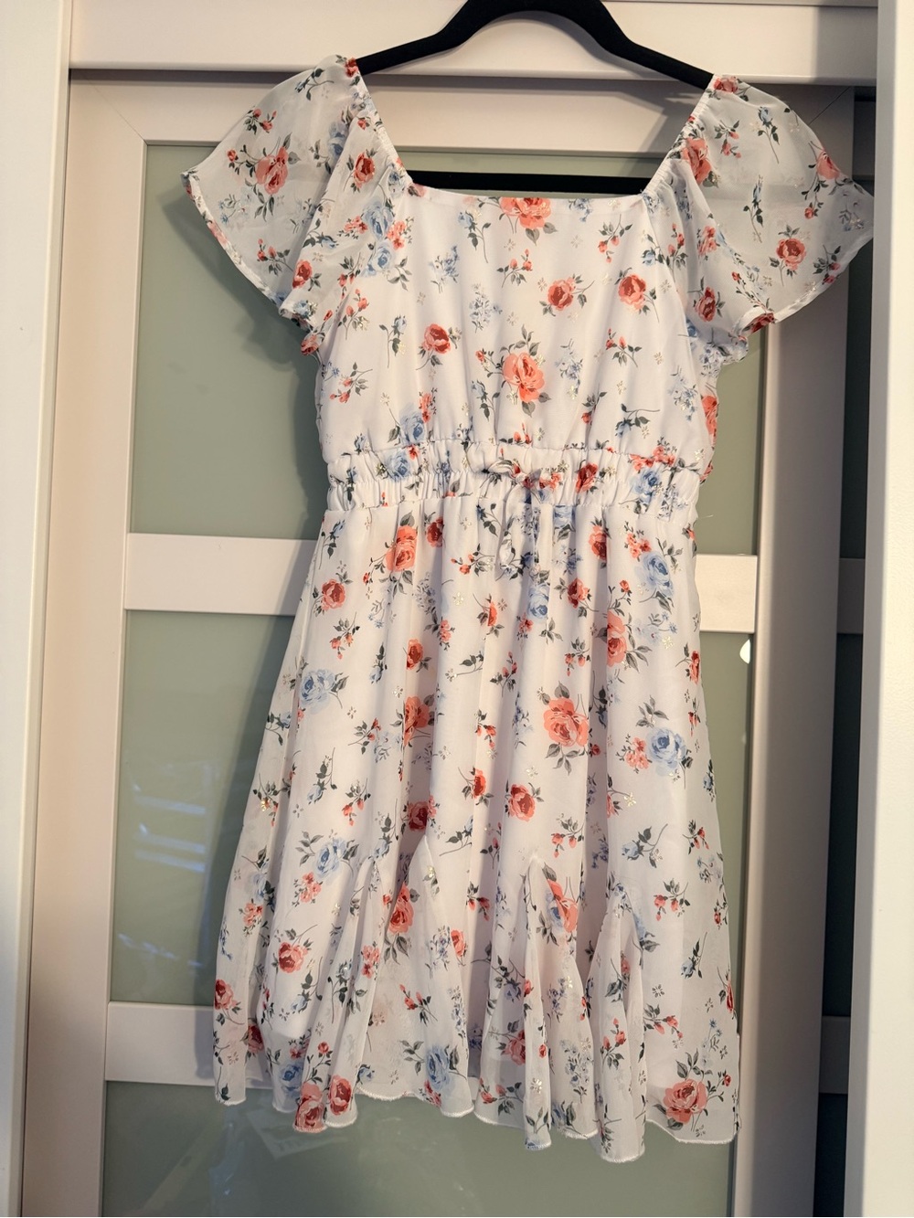 Three Hearts White Floral Dress with Peach & Blue Blooms